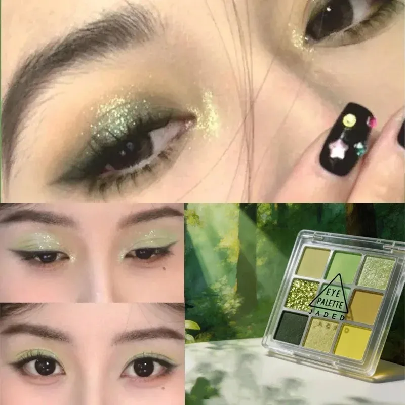 Palet Eyeshadow 9 Warna Matte Hijau Mint Kosmetik Rias Mata Bubuk Eyeshadow Hutan Berkilau Mutiara Tahan Air Tahan Lama — image 4