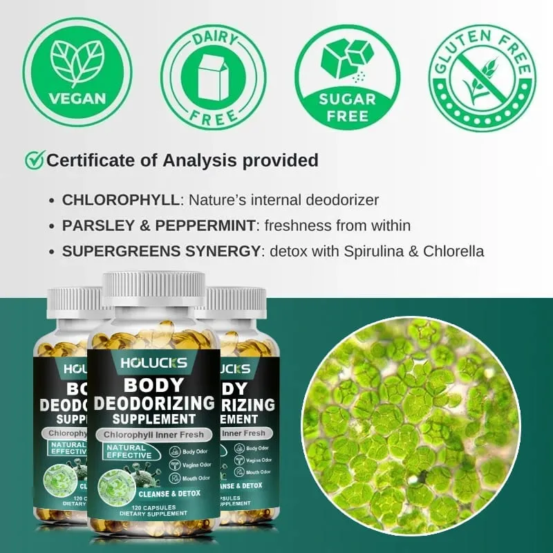 Chlorofylové tobolky Doplňují tělovou deodoraci a podporu vnitřní očisty Trávení Zdraví střev a kůže Podpora energie — image 5