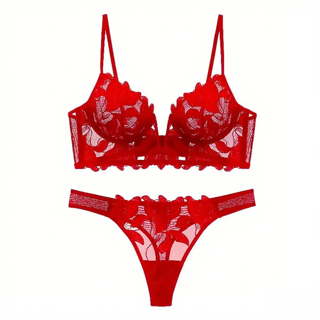 Women Red Floral Lace Lingerie Set Sheer Underwire Thin Cup Bra Matching Thong Panties Sexy Hollow Intimates