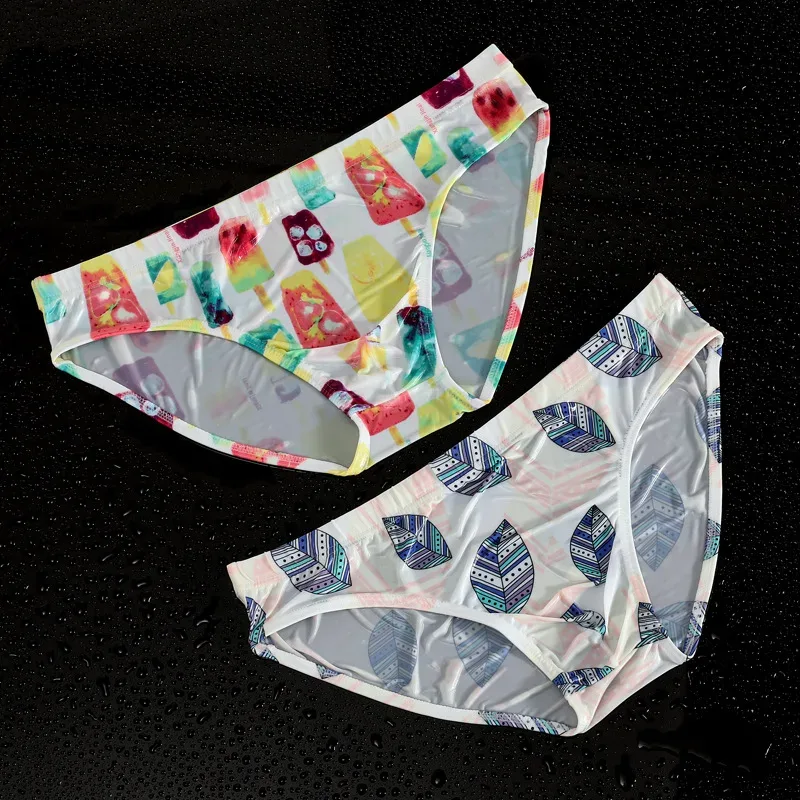 Men's Briefs Translucent Cartoon Printed Ice Silk Slippery Sexy Breathable Summer Low Waist U Convex Pouch Lingerie Underpants