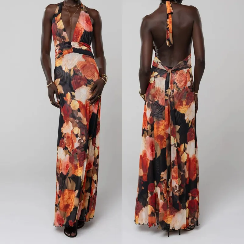 Combhasaki Robe longue d'été sans manches pour femme, col en v profond, dos nu, imprimé fleurs/points, ourlet à volants, maille froncée, ligne a — image 12