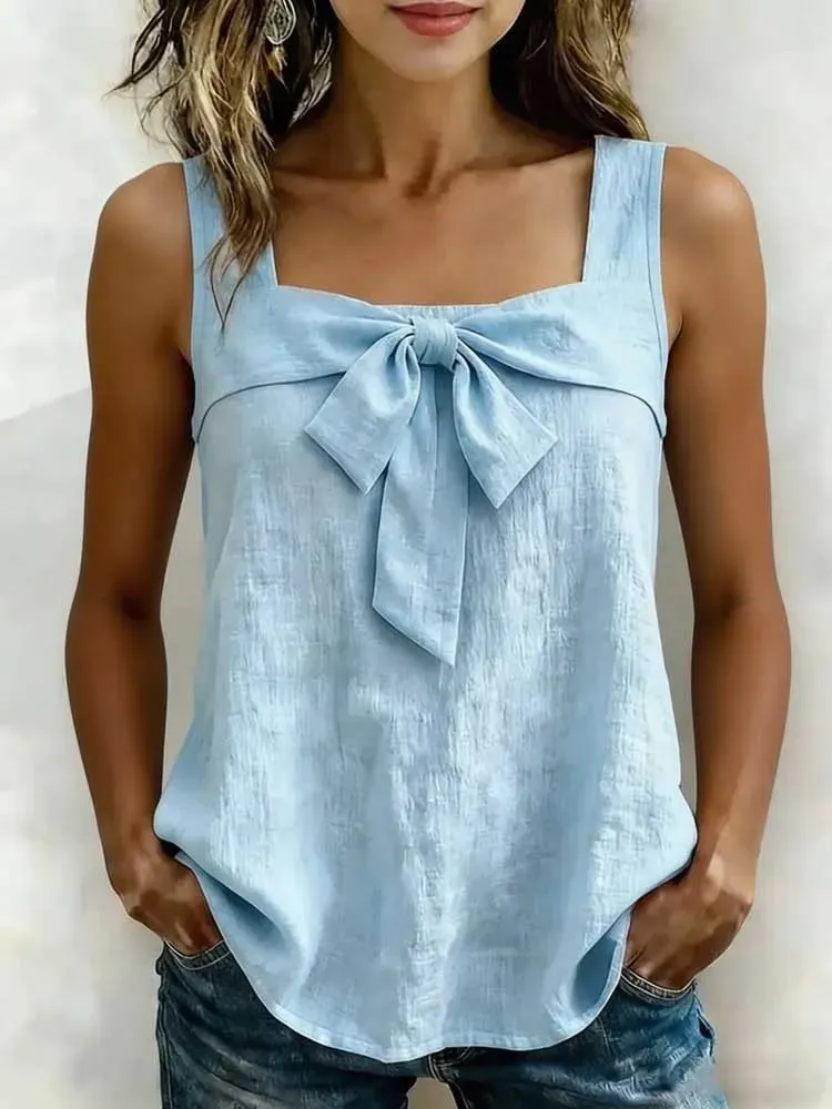 Canotta da donna senza maniche con scollo quadrato, decorazione con fiocco sul davanti, canotta da donna estiva casual in tinta unita