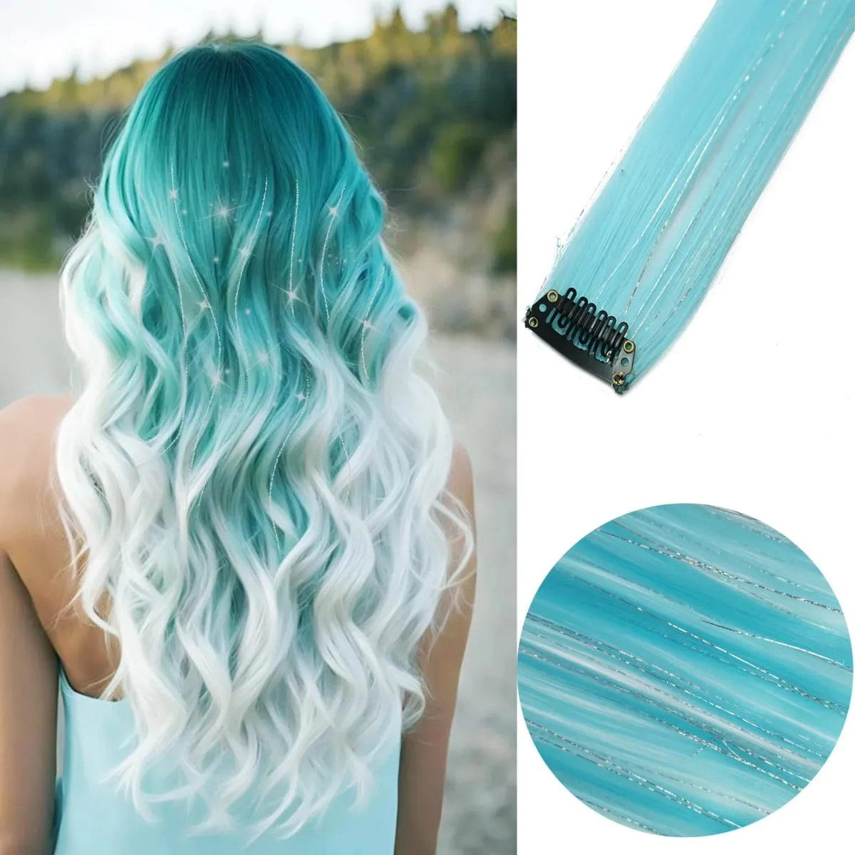 Extension de cheveux synthétique à clips bleu ciel, guirlandes argentées mélangées, postiche arc-en-ciel, points forts de fête de vacances pour femmes et filles — image 2