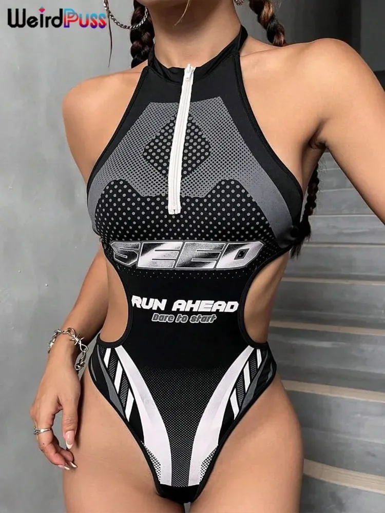 Weird Puss Halter Hollow Bodysuit Woman Summer Backless Straps Zipper Sexy Print Wild Fashion Trend Streetwear Skinny Clubwear — image 2