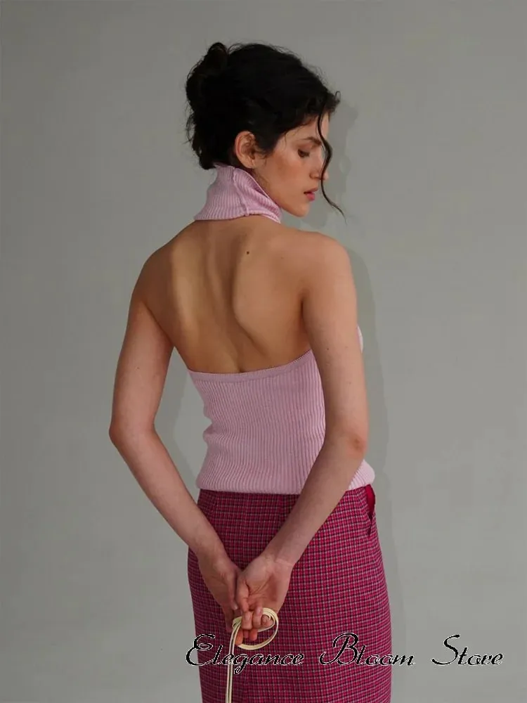Débardeur sans manches en tricot de couleur unie pour femmes, col haut, dos nu, légèrement ajusté, gilet court, mode quotidienne minimale, tenue décontractée — image 6