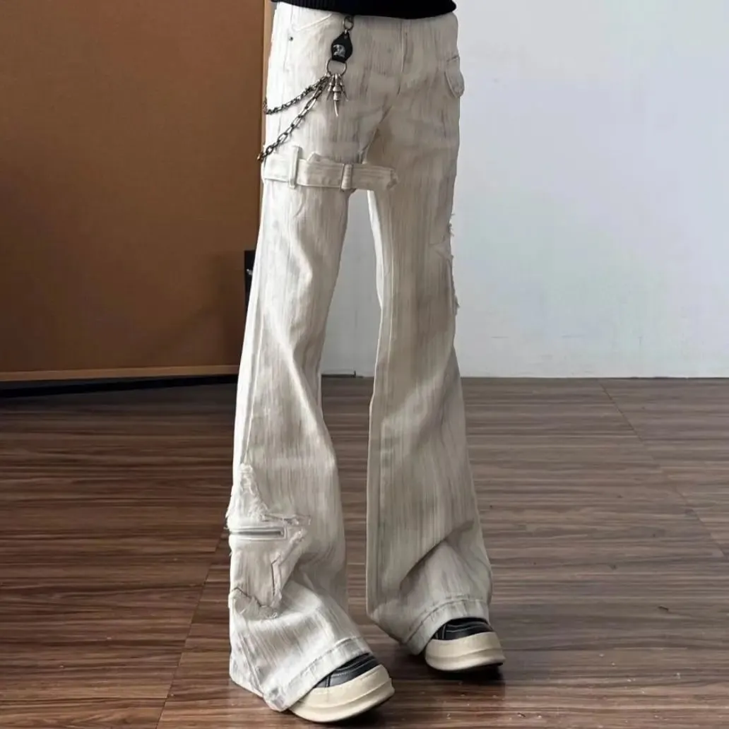 Jean évasé rétro américain Y2K pour femmes, pantalon en Denim blanc délavé, Patchwork, Vintage Hrajuku Punk, taille haute, Slim, Streetwear — image 9