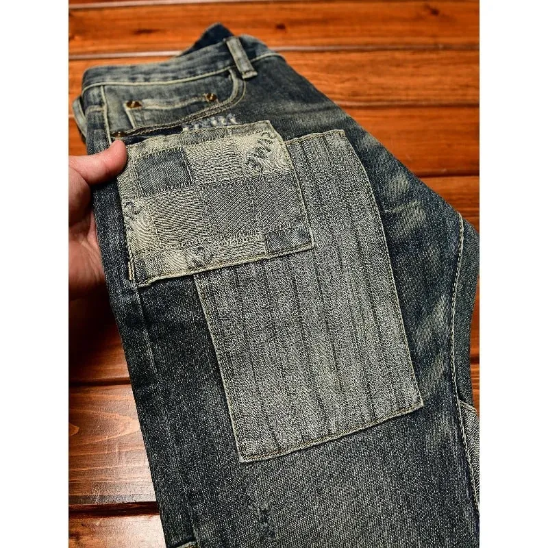 Retro og nostalgisk patchwork-design jeans til mænd trendy og moderigtigt street herretøj slim fit small fod lange bukser — image 3