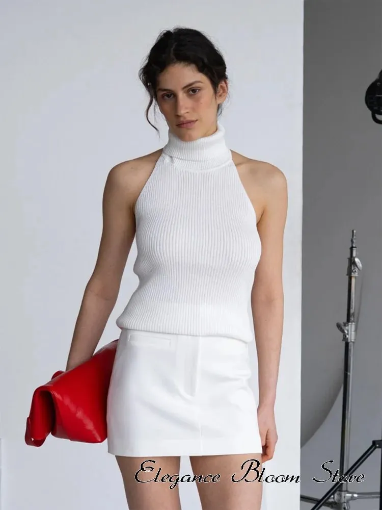 Débardeur sans manches en tricot de couleur unie pour femmes, col haut, dos nu, légèrement ajusté, gilet court, mode quotidienne minimale, tenue décontractée — image 3