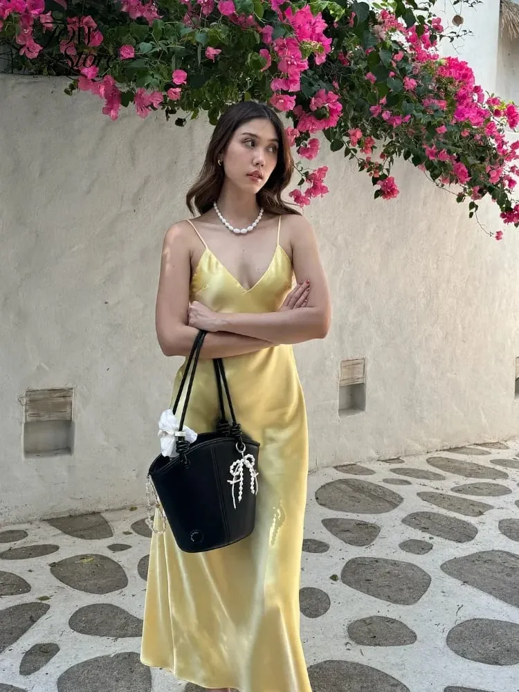 Abito lungo da donna in raso solido con fionda Abito lungo senza maniche con scollo a V senza schienale casual Abiti a pieghe 2026 Abiti da sera per le vacanze estive — image 3