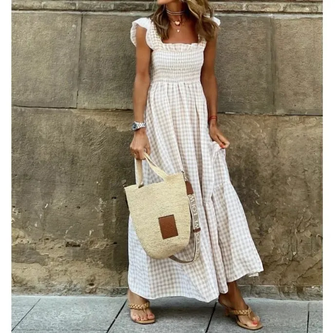 Elegante temperamento xadrez retalhos deslizamento boho vestido de verão plissado sem costas plissado cintura elástica balanço solto vestidos de festa