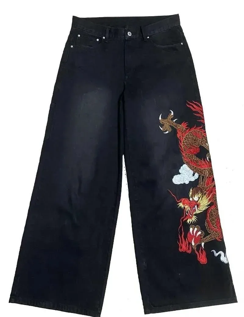 Ricamo Dragon Graffiti blu scuro jeans larghi larghi a gamba larga in difficoltà Y2K vita alta uomo donna vintage casual quotidiano streetwear