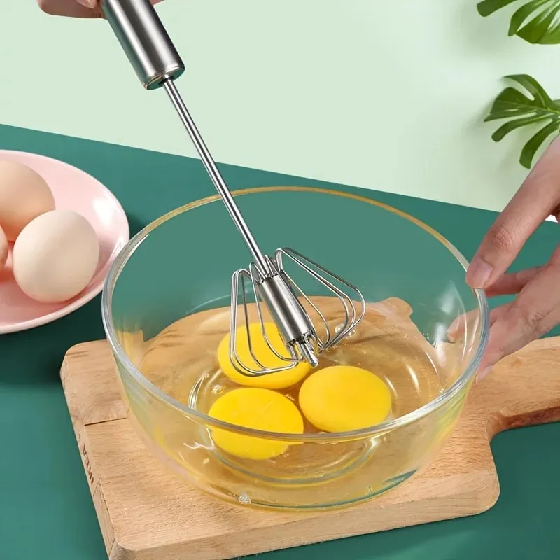 Batidor de huevos semiautomático de acero inoxidable, batidor de huevos giratorio para crema, batidor de huevos manual para el hogar, herramienta para hornear, sin batería — image 4