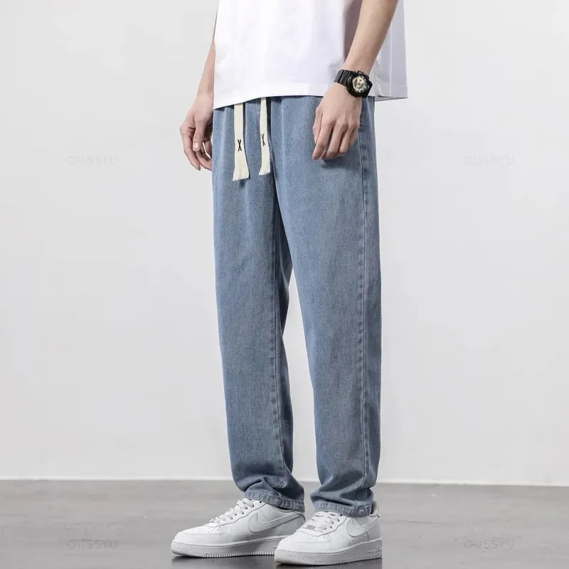 Jeans Pria Pinggang Elastis Sepenuhnya Kualitas Tinggi Celana Lurus Serut Lembut Katun Celana Panjang Kasual Korea Pria Ukuran Besar S-5XL — image 10