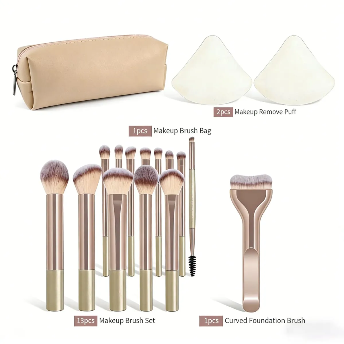 13ks/17ks make-up nástrojů včetně sady štětců na make-up + 1ks taštičky na make-up + 2ks příslušenství Air Puff Base Brush štětec na tvářenku — image 4