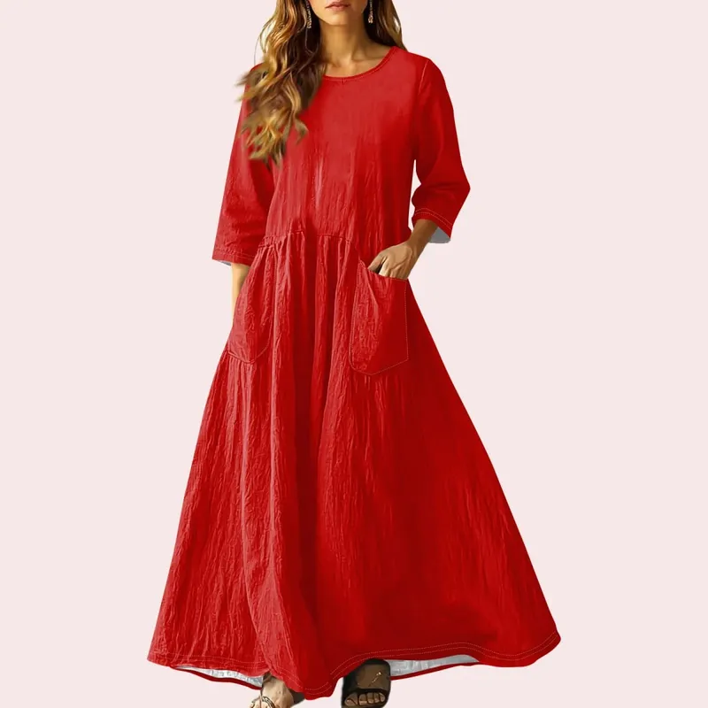 Gaun Panjang Longgar Musim Panas Wanita Warna Pejal Lengan Tiga Suku Gaun Poket Berganda Gaun Linen Leher Bulat Longgar Vestidos
