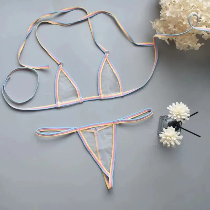 Сексуальные мини-бюстгальтеры без косточек, ультратонкая сетка, бюстгальтер без подкладки, короткий комплект, черный, прозрачный, из 2 предметов, женские экзотические комплекты нижнего белья с лямкой на шее — image 2