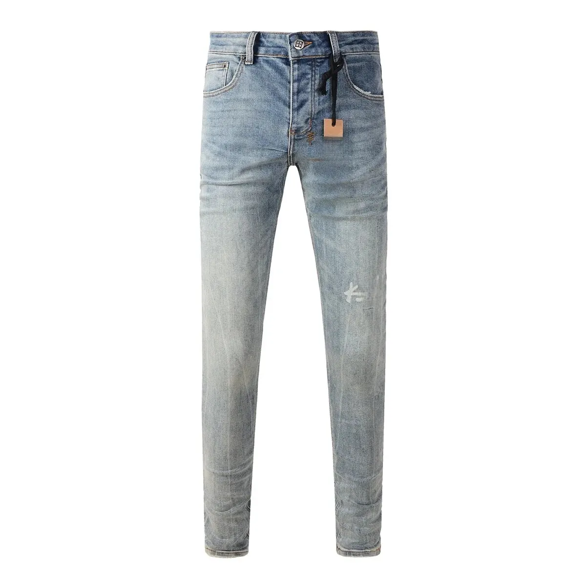 Jean en denim vieilli délavé bleu High Street pour hommes avec braguette boutonnée à motif de lettre brodée, adapté à un usage toutes saisons — image 1