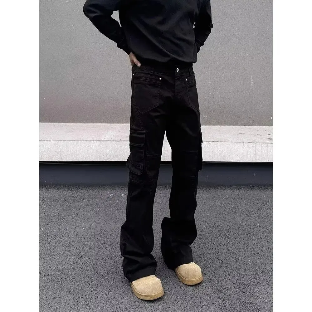 สไตล์อเมริกัน Vibe ย้อนยุคอุตสาหกรรมหนักหลายกระเป๋าประกบ workwear กางเกงยีนส์ผู้ชายหลอดตรงไมโครบานบางพอดีกระทะยาว — image 2