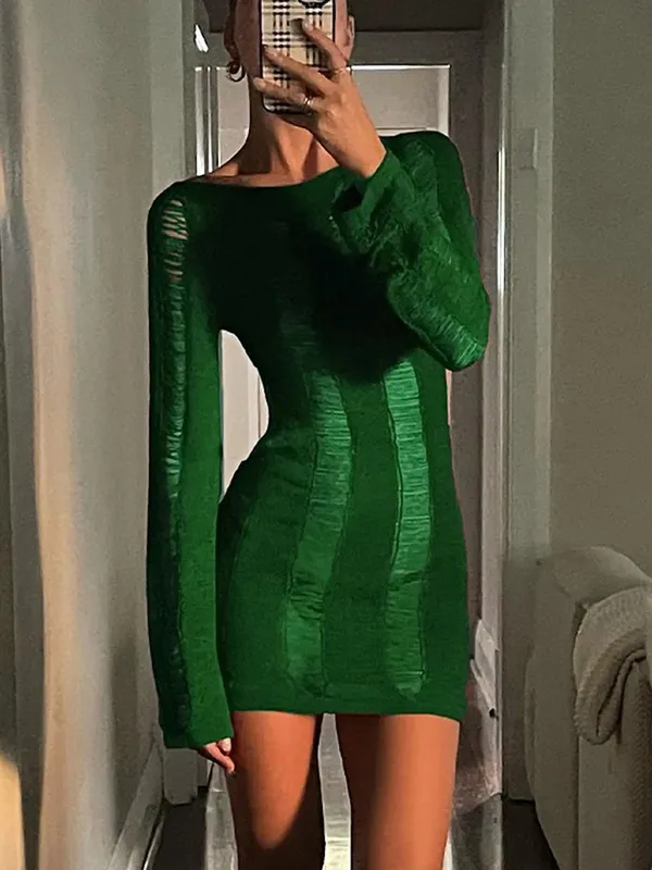 Puloru Sexy Knitted Cutout Short Dress 2022 Spring Summer Backless Long Sleeve Round Neck Wrapped Mini Dresses Streetwear Solid — image 6