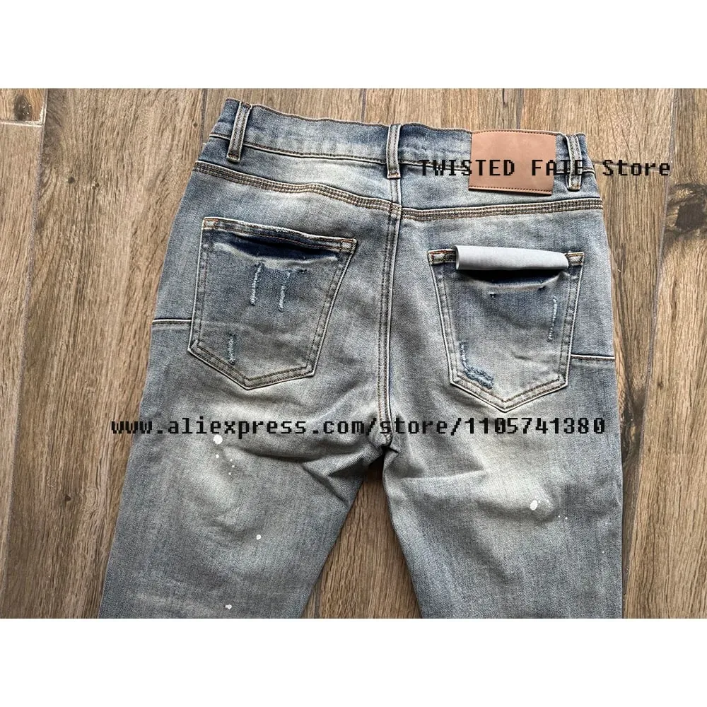 American High Street Quality Zoufalé Prané Světle Modré Zničené dírky Natahovací Skinny & Slim Fit Roztrhané džíny nastříkané sprejem