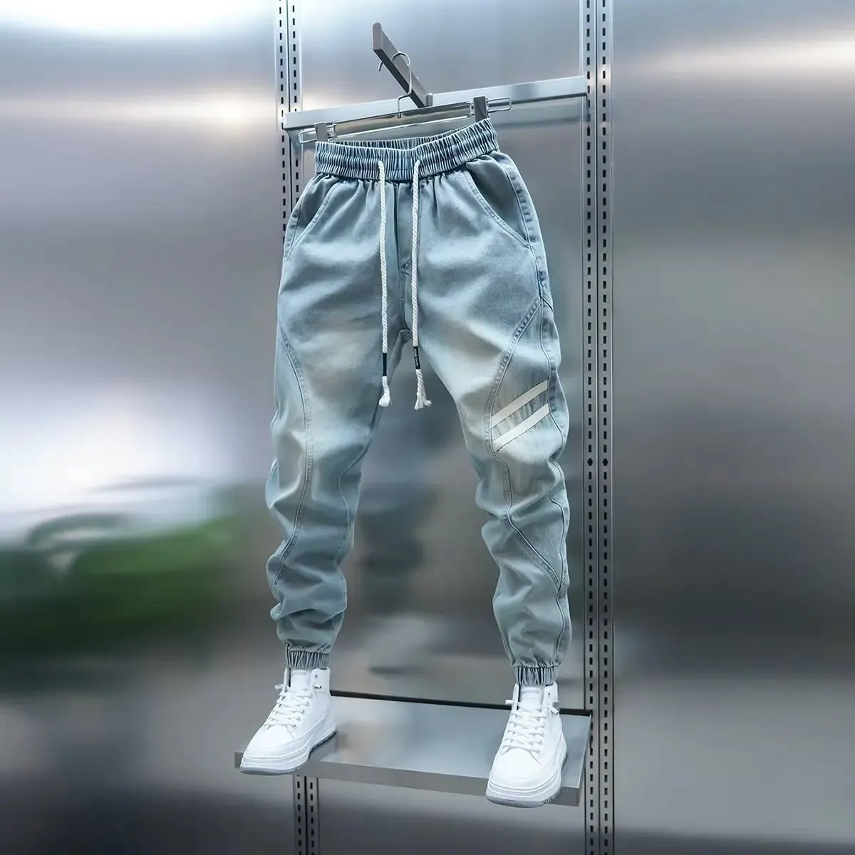 Jean élastique de rue pour hommes, pantalon Cargo en Denim, couleur unie, multi-poches, décontracté, taille moyenne, tenue quotidienne, jogging — image 6