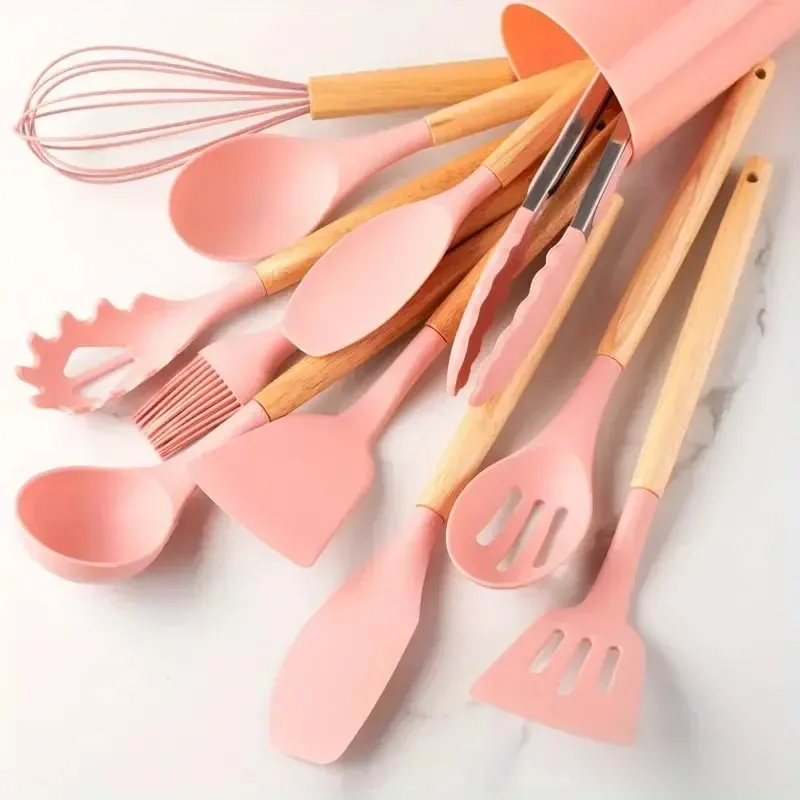 12pcs Set Pemegang Kayu Silikon Pelbagai Warna Set Peralatan Dapur Tidak Melekat Spatula Periuk dan Sudu Peralatan Memasak Tahan haba