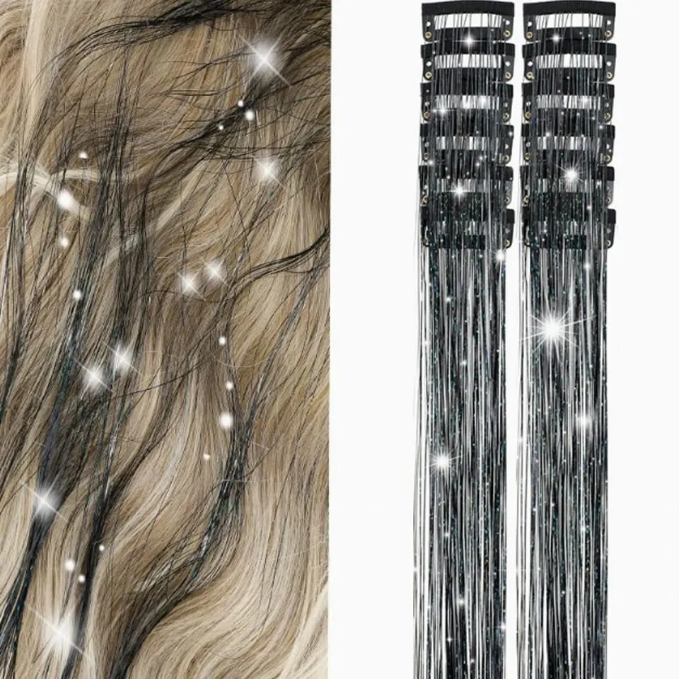 12 pièces/paquet Extensions de cheveux blonds scintillants pince en arc-en-ciel brillant étincelant guirlandes de cheveux résistant à la chaleur étincelle Extensions de cheveux pour W — image 16