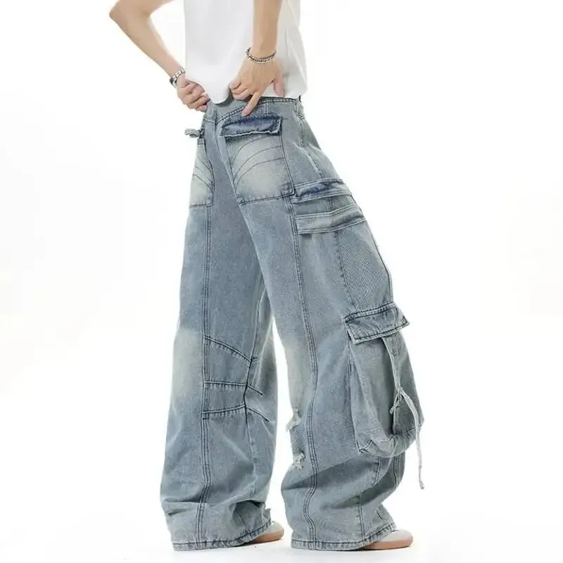 Amerikanische Herrenjeans, einfarbig, mit mehreren Taschen, lässige, abgenutzte Hosen, Dekonstruktion, weites Bein, Denim-Hosen 9W4066