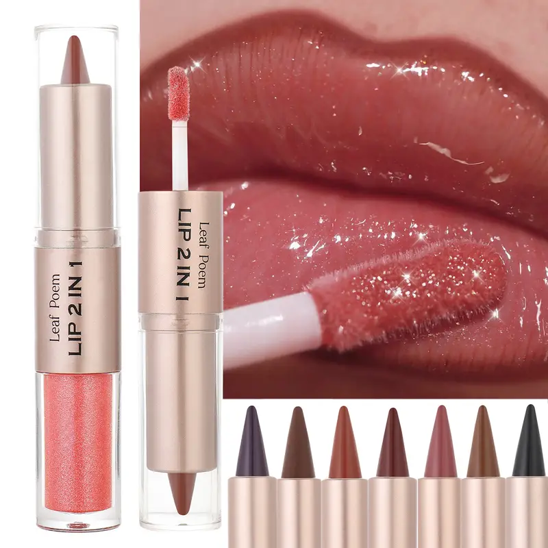 2 IN 1 Nude Brown Pink Mirror Lip Gloss Tapered Gradient Lipliner Contour Pencil Matte Lip Liner Waterproof Sexy Lipstick Makeup — image 2