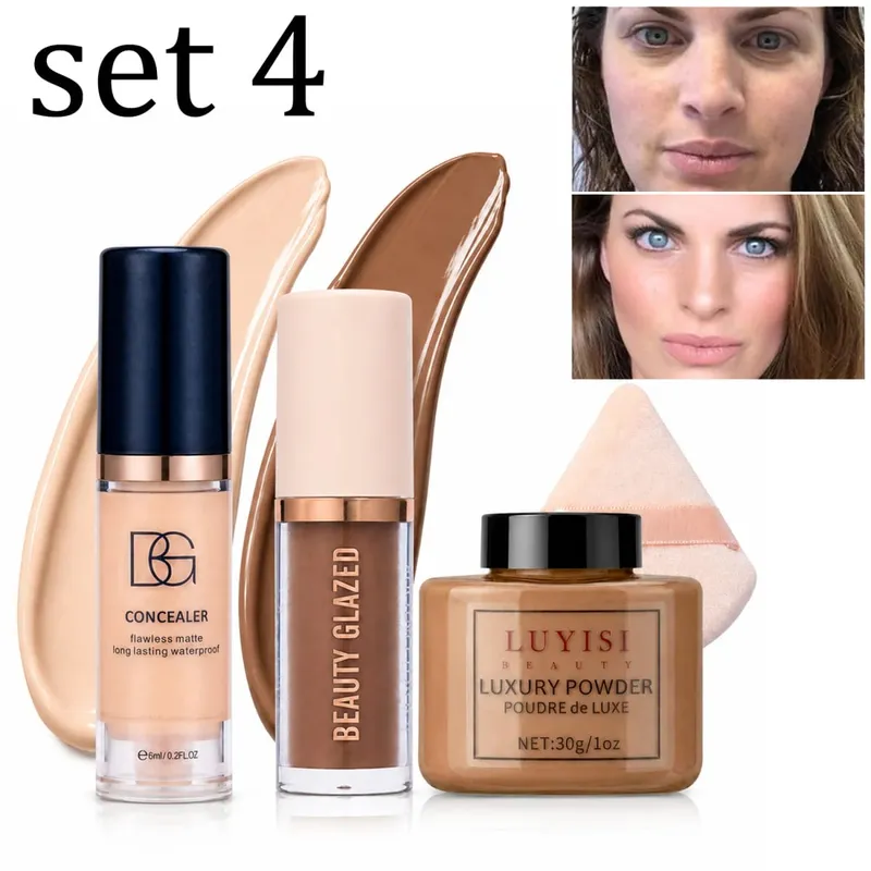 4 pezzi/set: kit per modellare e fissare il viso in polvere sciolta per contorno correttore e sbuffo, controllo dell'olio con effetto opaco a lunga durata impermeabile. — image 7