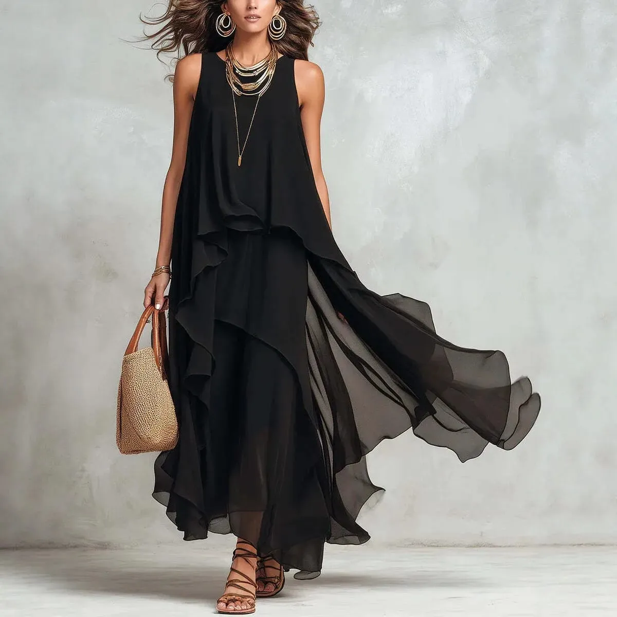 2026 new black sleeveless irregular chiffon long dress with elegant temperament for women — image 2