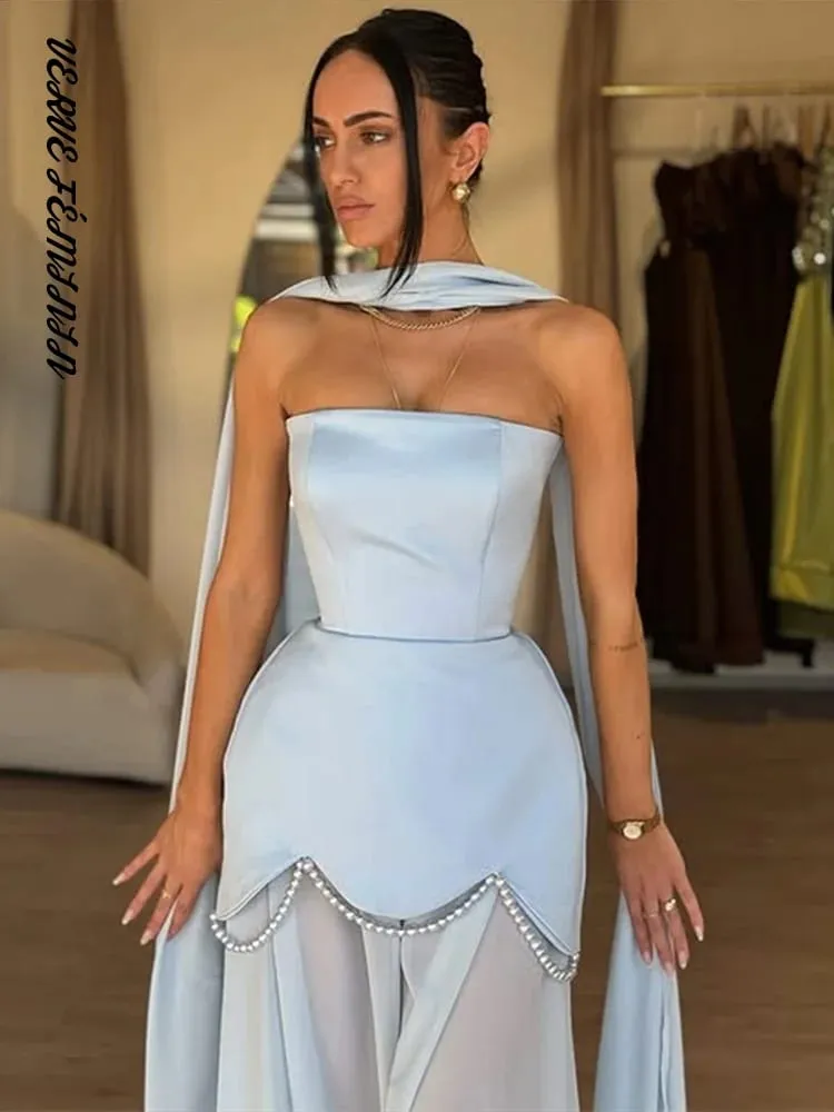 Pakaian Petang Wanita Jala Perca Pakaian Panjang Tanpa Tali Tali Reben Wanita Elegan Tanpa Lengan Tanpa Belakang Pinggang Cinching Vestido Baru — image 2