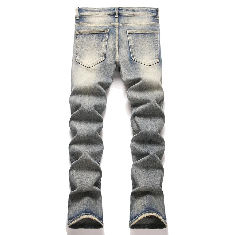 Men's Vintage Bootcut Denim Jeans Streetwear Embossed Totem Pattern Pants Retro Blue Stretch Spandex Slim Flared Trousers — image 2