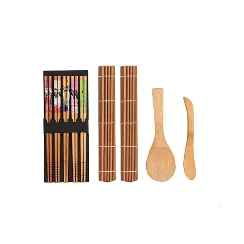 9 pezzi/set kit per la preparazione di sushi in bambù tappetino per sushi incluso 2 tappetini per sushi 5 paia di bacchette 1 pagaia 1 strumento di cottura spalmatore