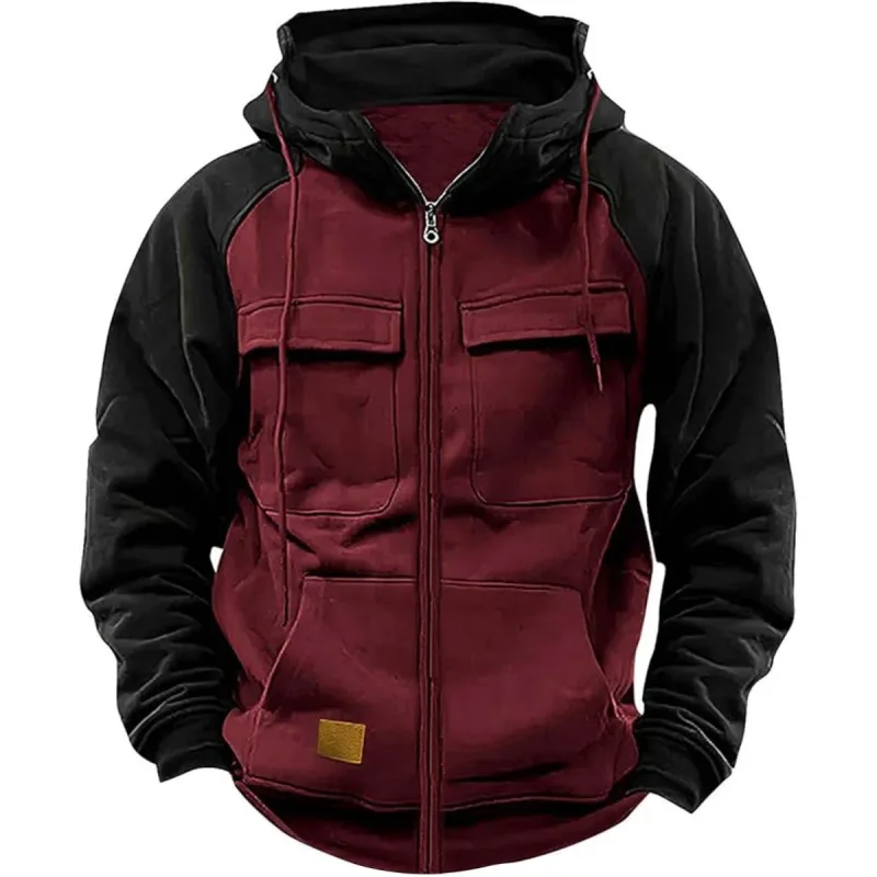 Men's Hooded Sweatshirt Zipper Patchwork Fleece Jacket Warm Sporty Autumn Winter with Multiple Pockets Fashionable Hood