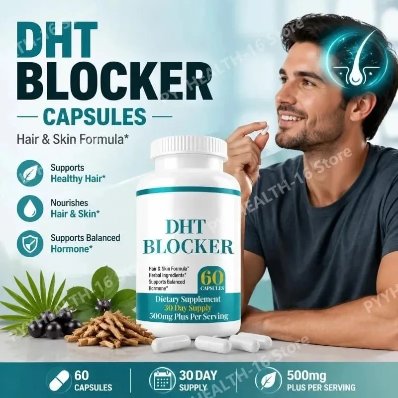 DHT Blocker Capsules with Biotin 5000mcg Vitamin C D E B6 & Zinc for Healthy Hair and Skin Support Gluten-Free 60 Count — image 1