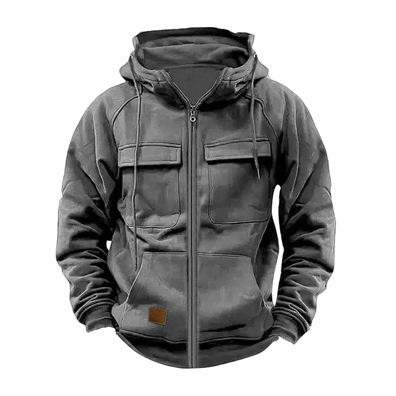 Nouveau automne hiver hommes à capuche solide vestes à capuche Multi poches mâle sweats à fermeture éclair sport en plein air manteau à capuche décontracté — image 6