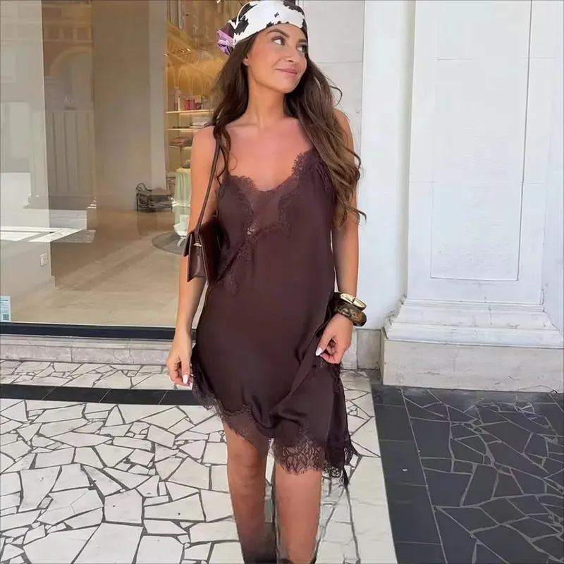 New In Sexy Lace Patchwork Mini Dress For Women Irregular Spaghetti Strap Backless Slit Party Dress Female V-Neck Bottom Dresses — image 6