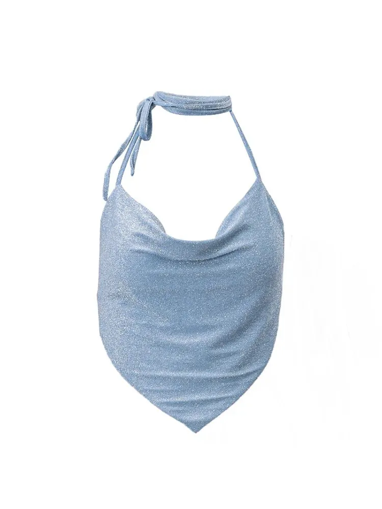 Halter Top Glitzer Tanks 2024 Sommer Outfits Blau Helle Seide Camis Geraffte Top Crop Rückenfreie Westen Sexy Tops Abgeschnittene Kleidung — image 5
