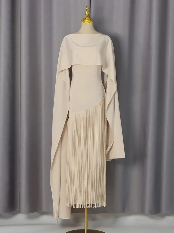 Gaun Chic Rumbai Sambungan Longgar Solid untuk Wanita Gaun Elegan Mewah Tanpa Lengan Leher O Fashion Musim Panas Wanita Baru — image 4