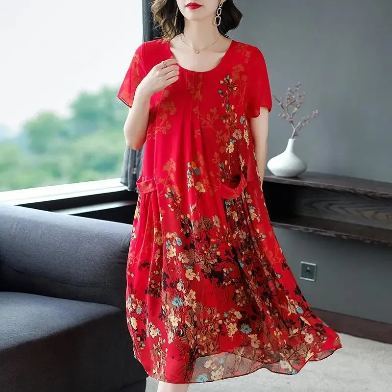 Mutter Kleidung Sommer Chiffon Kleider Oansatz Mid-Lange Gedruckt A-linie Kleid Große Größe Kurzarm Mittleren Alters frauen Vestidos — image 1