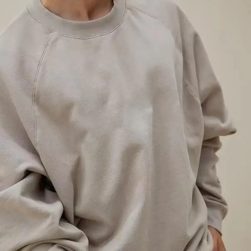 600g Baju Sweat 100% Kapas Bersaiz Besar Lelaki untuk Musim Sejuk Pepejal Beige Lengan Batwing Bulu Heavyweight Leher Krew Hoodies Termal — image 3