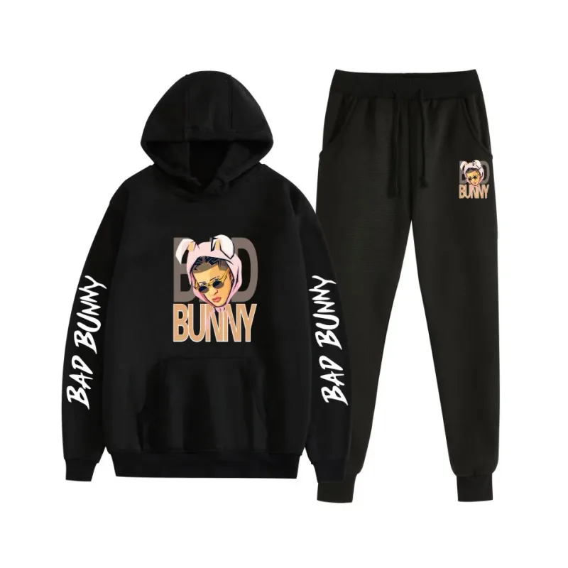 Harajuku Comfortable bad bunny Print Sweatshirt Sweatpants Suit Women's Hoodies+ Trousers Suit Boys/Girls 2 Piece Set Clothes — image 26