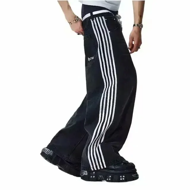 Lelaki Gothic Punk Strap Denim Cargo Pants Black Multi Buckle Longgar Fit Streetwear Fesyen Bandar Bergaya Dibasuh Jeans Kasual Vintaj — image 9