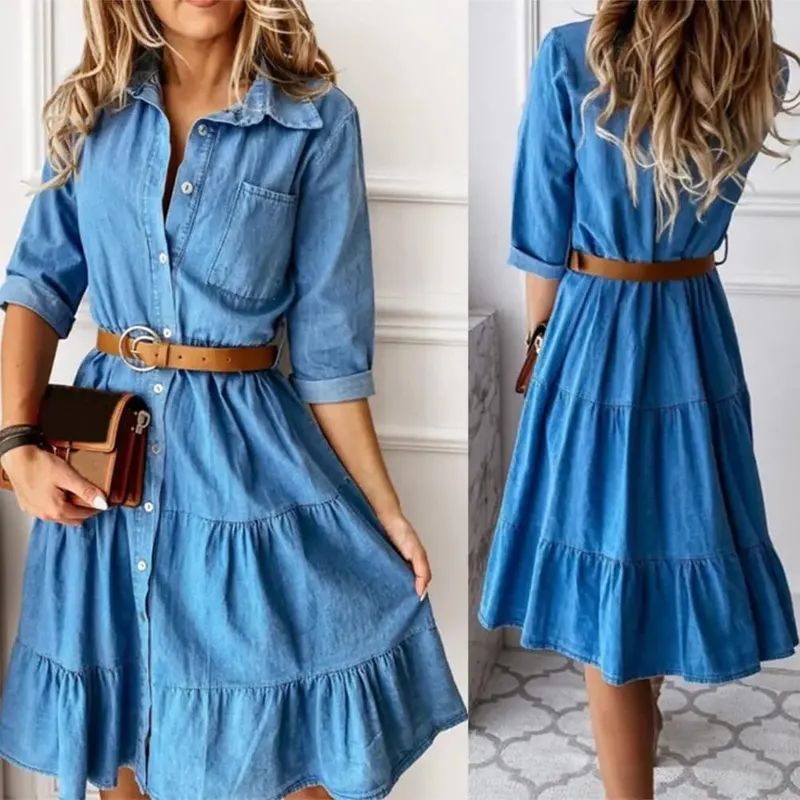 Vestido vaquero de manga tres cuartos con cinturón, cuello vuelto, botones de primavera y otoño, vestidos vaqueros con volantes para mujer 2025 — image 2