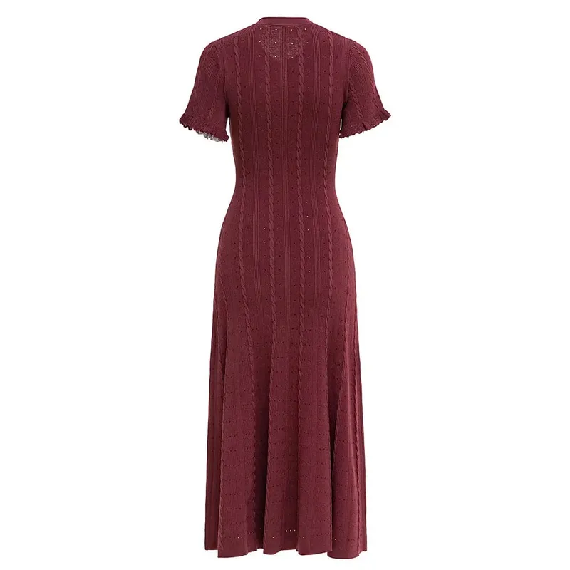 Musim Panas Wanita Elegant Rajutan Single Breasted Gaun Panjang Wanita Lengan Pendek O Leher Butang Bodycon Pesta Vestidos Wanita — image 9
