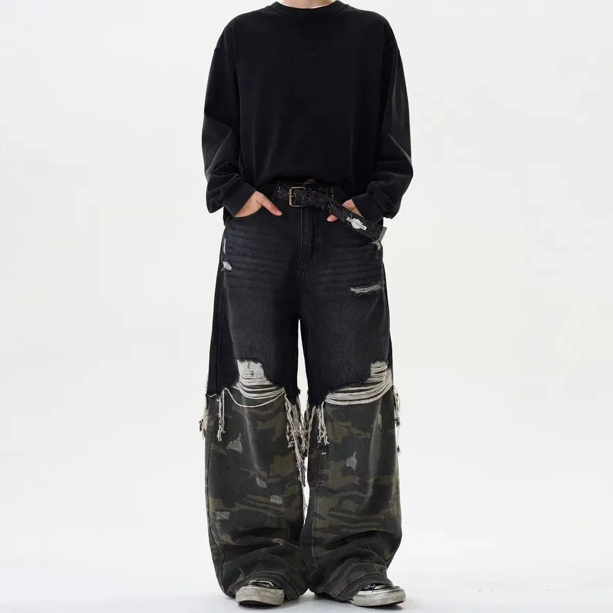 Street Patchwork Ripped Camouflage กางเกงยีนส์ Baggy ปลอม 2 ชิ้นล้างกางเกงยีนส์ Vintage Y2K Camo Cargo Straight Jean Man — image 3