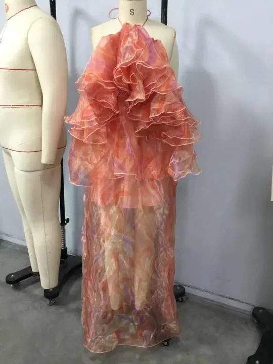 Vestido maxi estampado frente única, ombro de fora, multicamadas, babado, chiffon transparente, solto, vestido boho, festa em camadas para mulheres — image 6