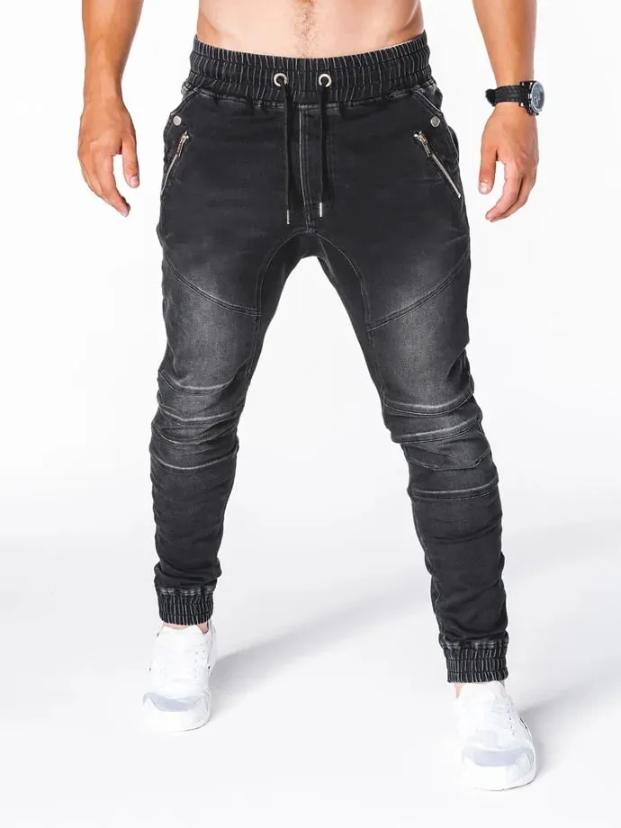Men Jeans Pencil Pants Elastic Waist Drawstring Lace Up Pockets Washed Distressed Ankle Length Trousers 2025 Streetwear Denims