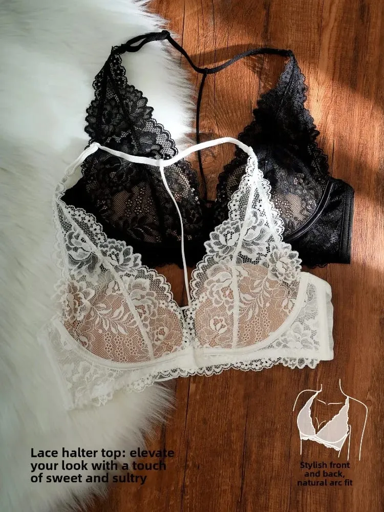 Set Bra Halter Renda Antik Perancis Bra Intim Wanita Keinginan Murni Lembut Pengangkat Payudara Kecil Push Up Payudara Kecil Nirkabel — image 4